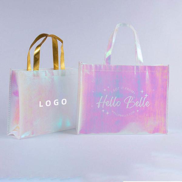 Exhibition Custom Logo Pink Holographic Non Woven Iridescent Tote Bag for Wedding Gift