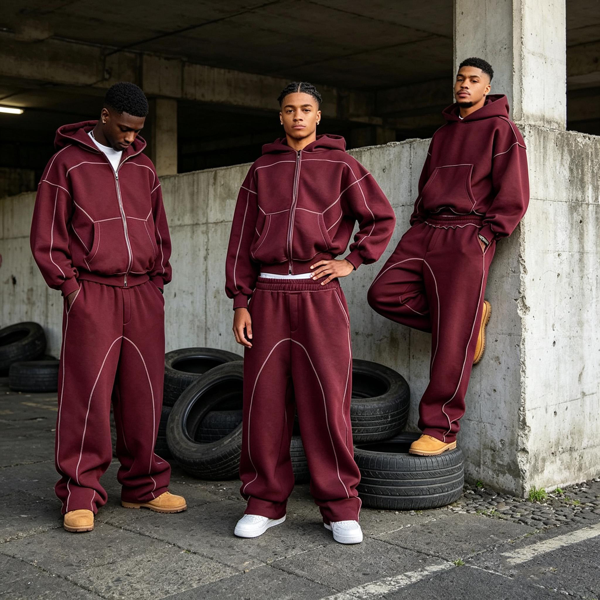 Clothing Manufacturer Custom High Quality Tracksuit Loose Vintage Zip Spliced Reflective Strip Wide Leg Street Tracksuit Unisex