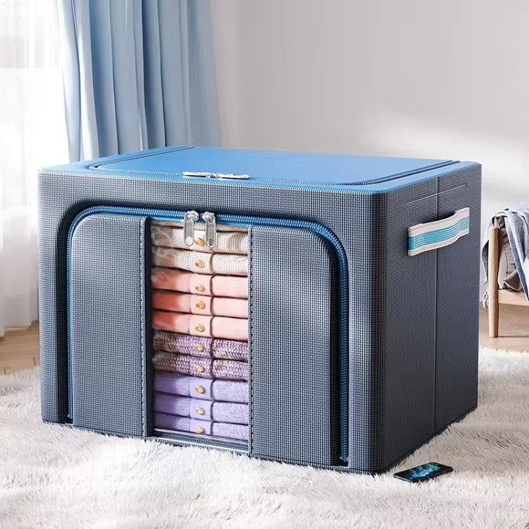 Wholesale Custom Large Capacity Foldable Bedding Storage Box Stackable Steel Frame Fabric Storage Box