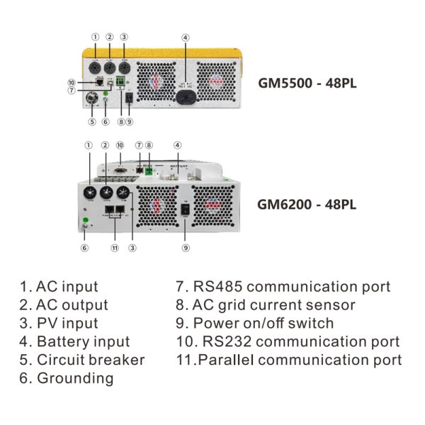 Grid-Tie and Backup 48V Single Phase Hybrid Solar Inverter 5.5kw 6.2kw Pure Sine Wave MPPT Off Grid