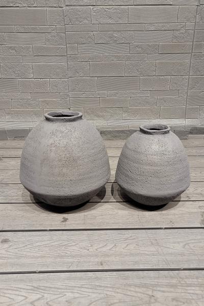 Hand Carved Round Vintage Fiber Clay Planter With Classic Vintage Finishing