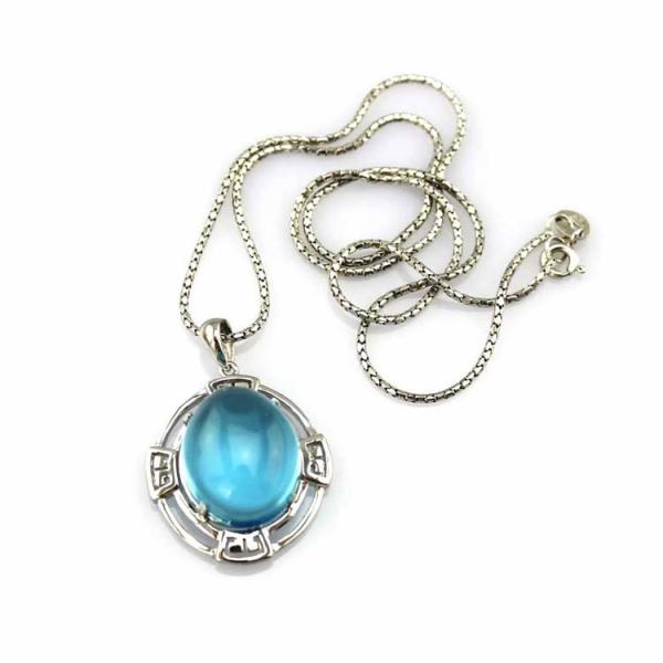 Sterling Silver Oval Dome Created Blue Topaz Cubic Zirconia Pendant  Silver Chain (PSJ0359)