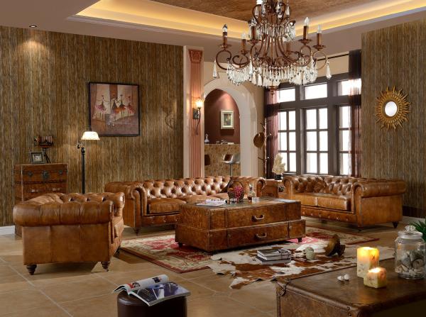 Chesterfield Tan Brown Soft Leather Sofa Set Antique Industrial Style For Living Room