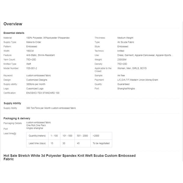 Stretch White 3d Polyester Spandex Knit Weft Scuba Custom Embossed Fabric women fabric