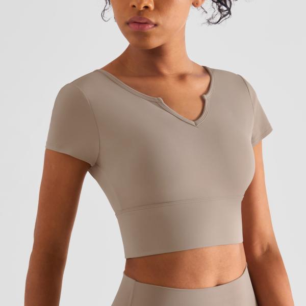 Short Sleeve Padded V Neck Athletic Crop Tops Built In Bra Shirts