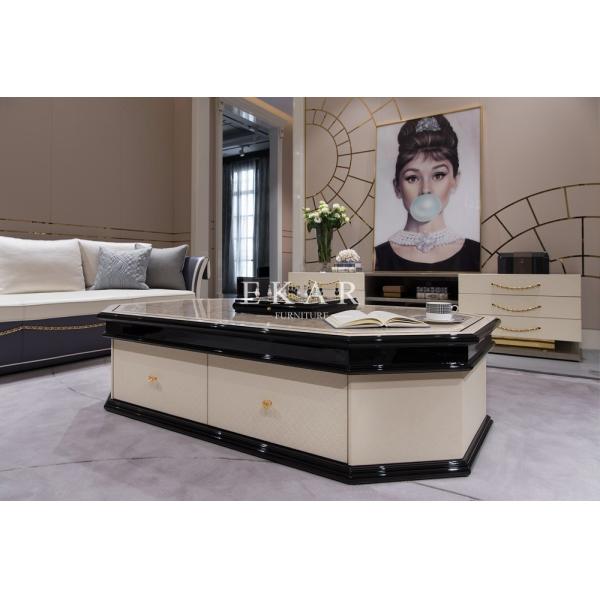 Black And White Octagon Shaped Marble Top Wooden Coffee Table