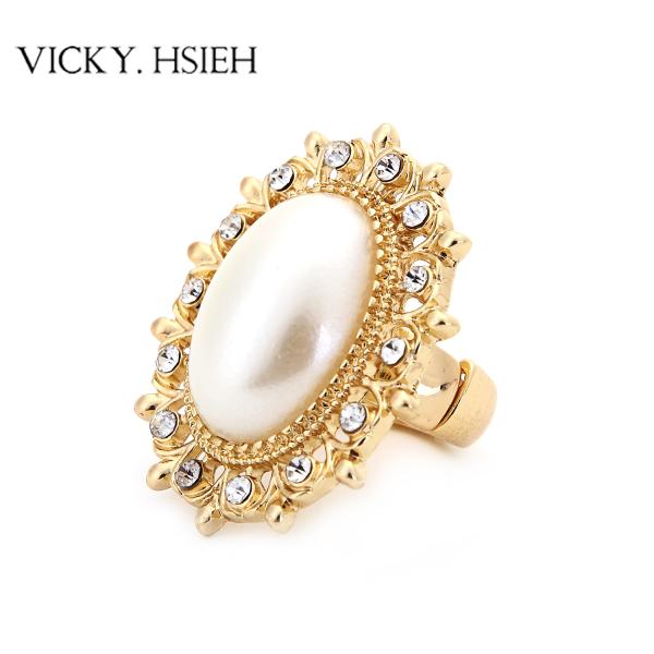 VICKY.HSIEH Gold Tone Crystal Rhinestone Pave Lace Stretch Statement Rings with Large Stone