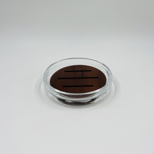 Accessoires de salle de bain en verre clair de luxe forme ronde avec pompe à bois tête à main bouteille de savon distributeur porte-vaisselle de savon porte- brosse à dents