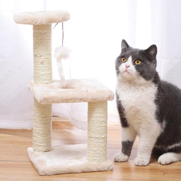 ODM Design Cat Furniture Beige Chipboard Climbing Tree with Sisal Column and Plush Hammock