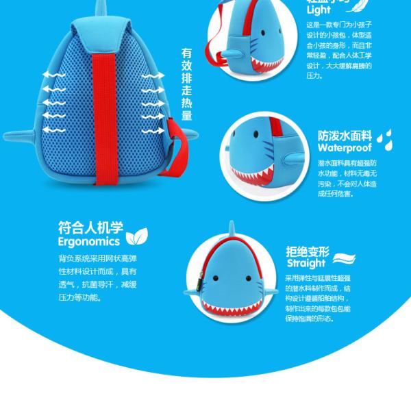 3D Cartoon Personalized Shark Backpacks For Kids Blue 10L Capacity 
