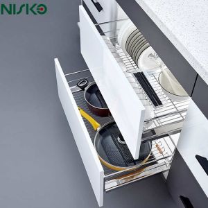 Double Tiers Pull Out Baskets Utensils Kitchen Wire Storage Organizer with Chopstick box