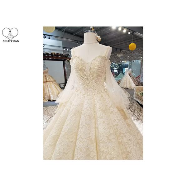 Luxury Champagne Ladies Bridal Gown , Tulle Lantern Long Sleeve Bridal Dresses
