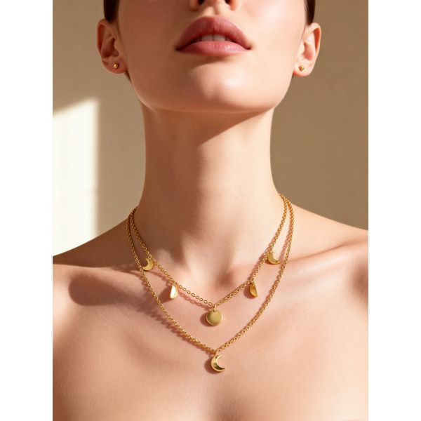 18K Gold Plated Layered Necklace for Women - Dainty Double Chain Moon & Disc Charm Pendant - Waterproof & Tarnish Free Hypoallergenic Jewelry - Minimalist Celestial Choker Gift for Her