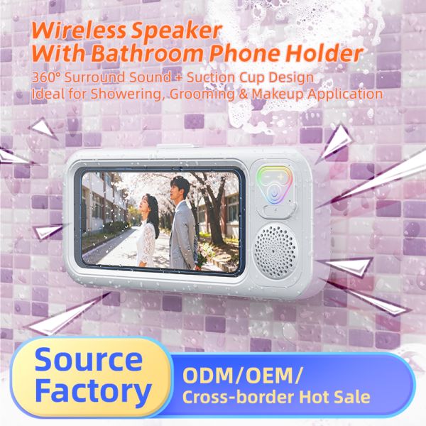 5W Bathroom Speaker with Touch Screen Adjustable Angle IPX5 Waterproof Strong Suction 8H Playtime Portable Bluetooth Speaker with Microphone