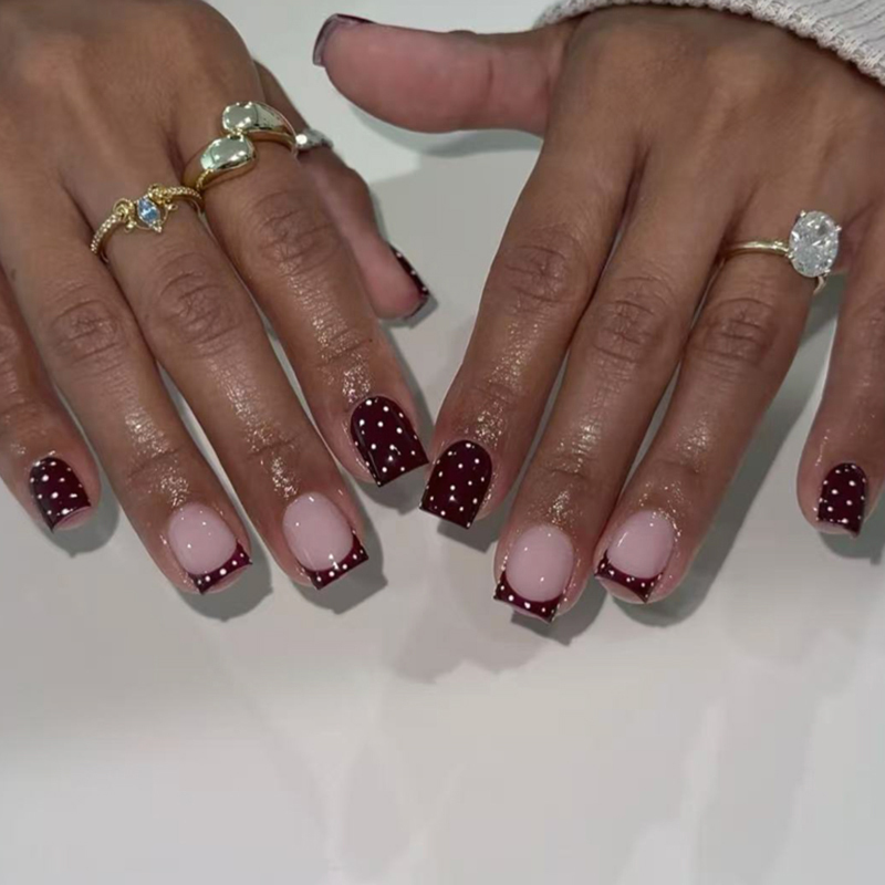 Square Pattern Press On Nails Medium Glossy Black Nails With Polka Dots