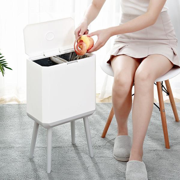 Trash Can with Lid Plastic Garbage Can with Push Button Narrow Modern Waste Basket for Kitchen Slim Dogproof Bedroom Garbage Bin