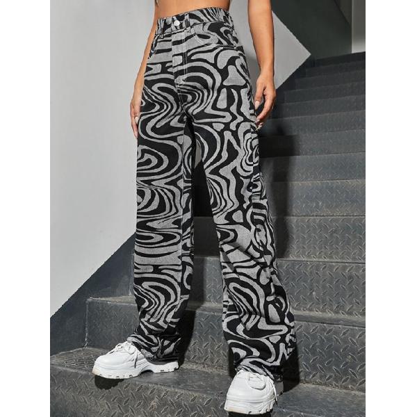 Нога Waisted женщин фабрики одежды небольшого количества высокая широкая печатает случайные мешковатые брюки джинсовой ткани джинсов