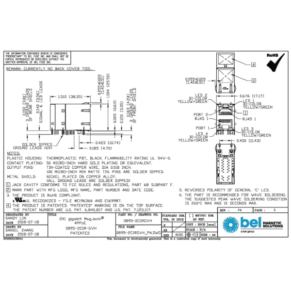 Dual stacked port 1GBaseT PoE MagJack integrated connector module Bel Fuse 0895-2C1R-GVH with 30W and 60W power options