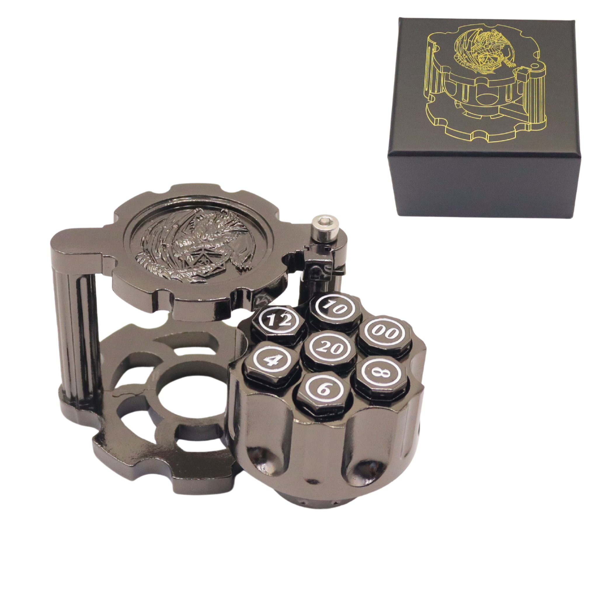 Revolver Cylinder Metal Dice Set with Rotatable Cylinder, Vintage Zinc Alloy, and Customizable Top Cover for RPG Games