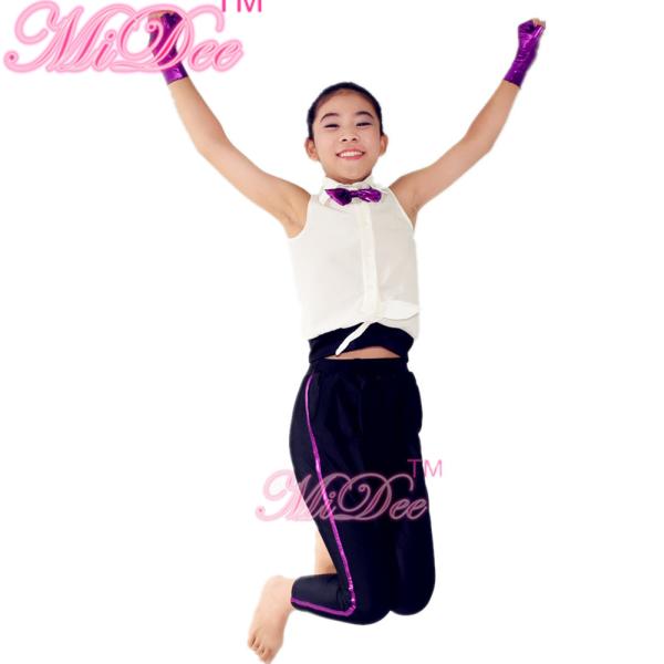 Vital Hip Hop Dance Costumes White Sleeveless Shirt Purple Bow Tie Black Leotard
