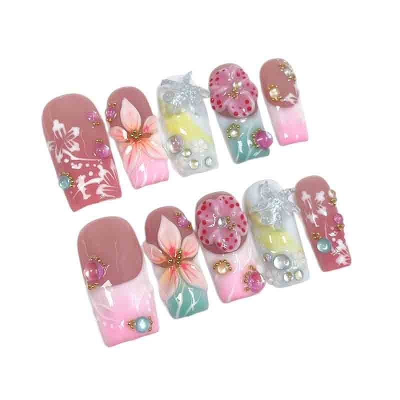 Long Square Nail Art Handmade Press On Nails Pink Gradient Plumeria Butterfly Design