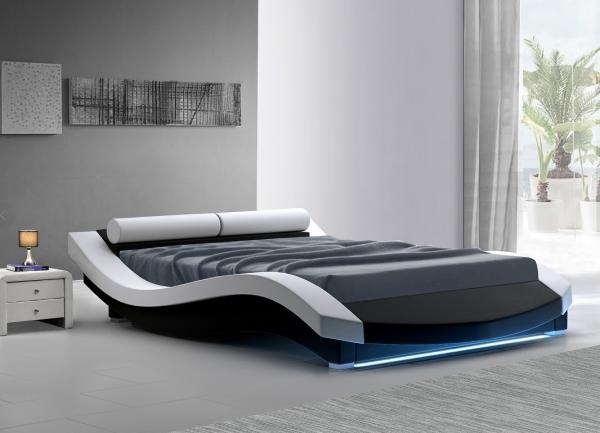 Wave Shape Upholstered Bed Frame PU Leather Plywood With LED Footboard