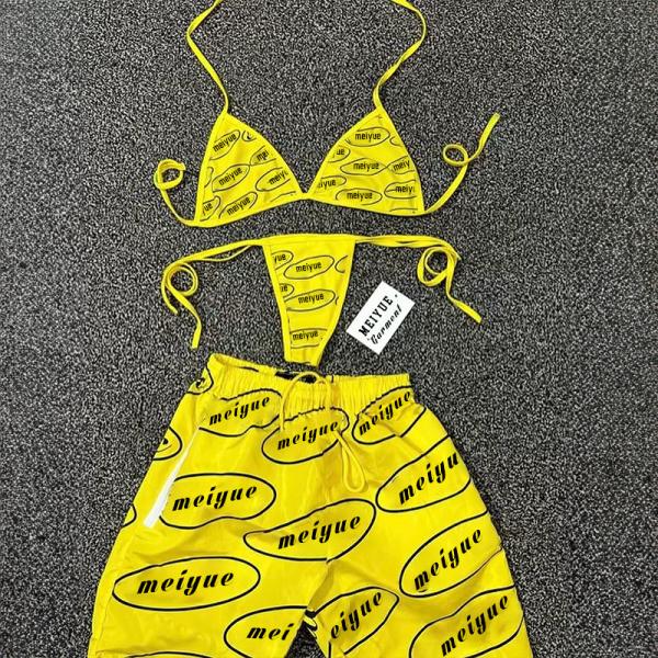 Custom  Hawaiian 3 Pieces Set Summer Swimwear Beachwear Sexy Underwire Bikini Cover up Set Bikini Women Nylon Shorts Bikini Set