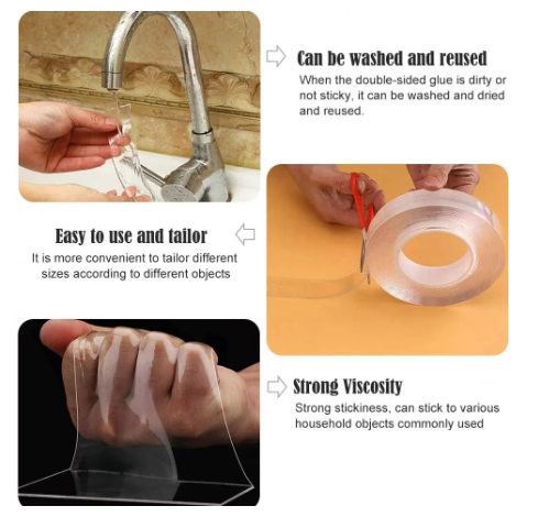 Washable Nano Double Sided Tape for Hook/Kitchen/Bathroom 1mm/2mm x 50mm Transparent