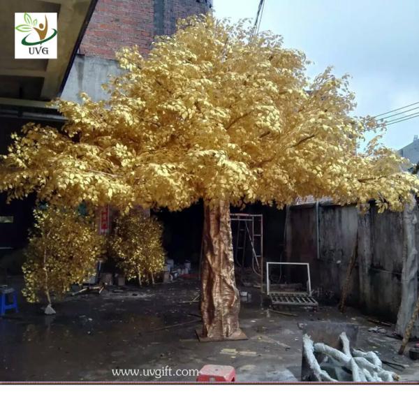 UVG 18ft tall golden color silk leaves artificial big banyan tree for indoor family decoration GRE058
