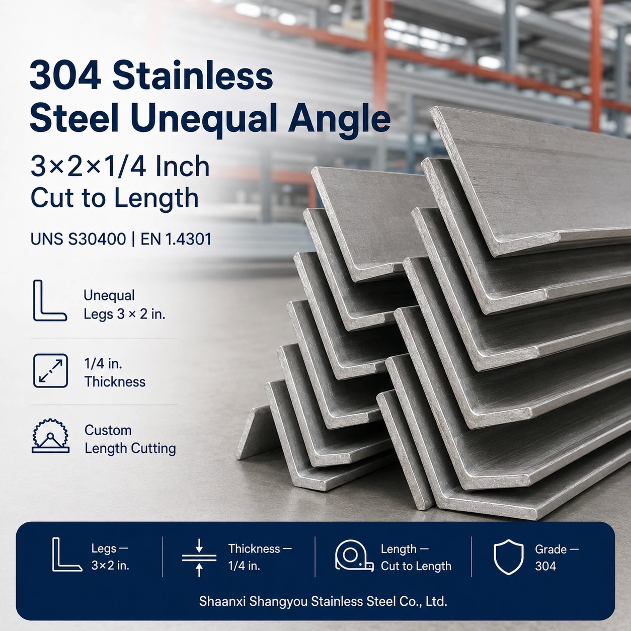 304 Stainless Steel Unequal Angle 3x2x1/4 Inch Cut to Length