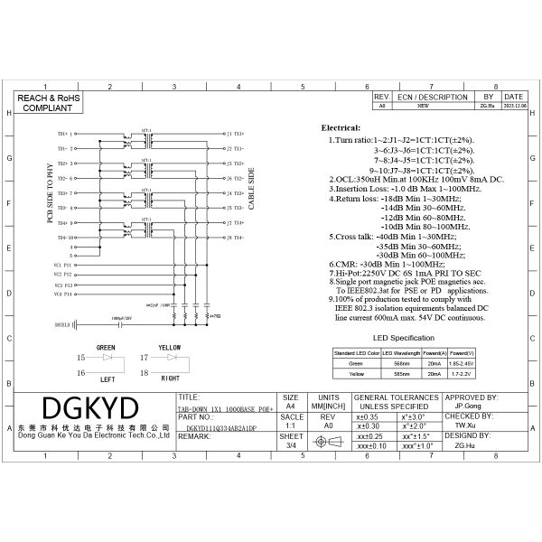 RJ45 built-in gigabit integrated filter with POE power supply 8P10C DGKYD111Q334AB2A1DP