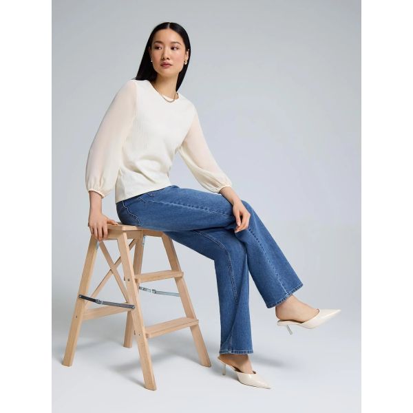 Elegant Round Neck Blouse with Sheer Chiffon Sleeves - Textured Knit Body (Cream / Blush Pink)