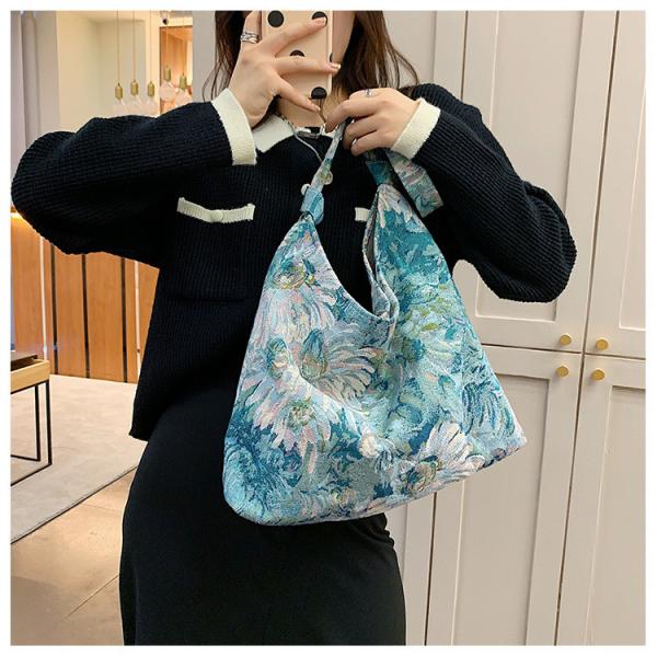 LARGE CAPACITY WOMEN'S BAG FRENCH SIMPLE CANVAS BAG OIL PAINTING NATIONAL STYLE SHOULDER BAG TOTE BUCKET BAG