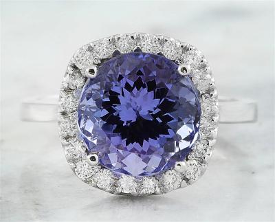 6.02 CTW Natural Blue Tanzanite Ring 18K Solid White Gold
