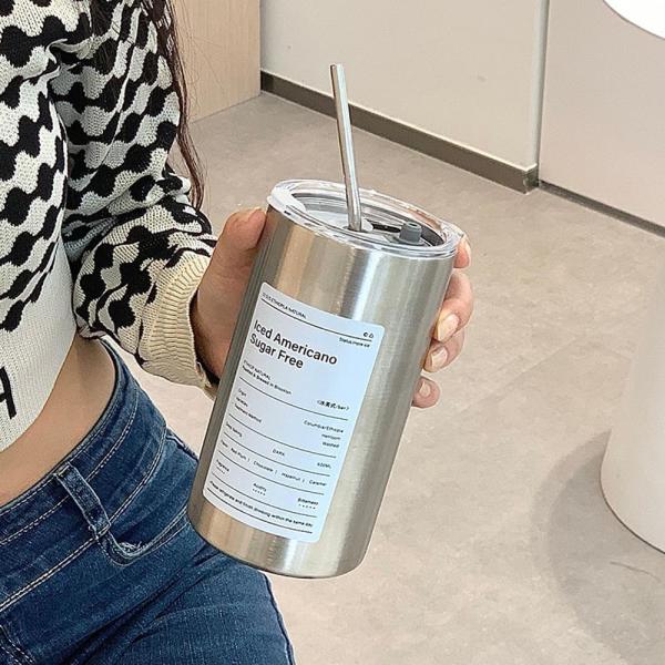 Tumbler Copo de café de acero inoxidable aislante con tapa y paja estilo americano portátil exterior con acompañamiento de paja copas de agua selladas de doble pared botella de viaje