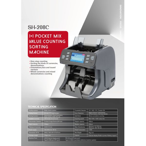 SH-208C Portable Rechargeable Bill Counter Sorter With UV MG IR Double CIS