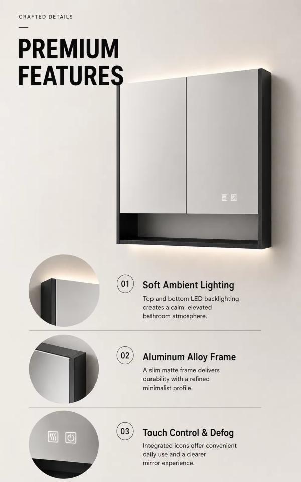 Kingstin LED Backlit Mirror Cabinet, Anti-Fog Aluminum Alloy Smart Bathroom Medicine Cabinet with Storage & USB