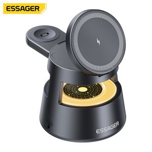 ESSAGER OJD-132 Soporte de cargador inalámbrico magnético plegable 4 en 1 de 15W con estación con luz LED para reloj, auriculares y teléfono
