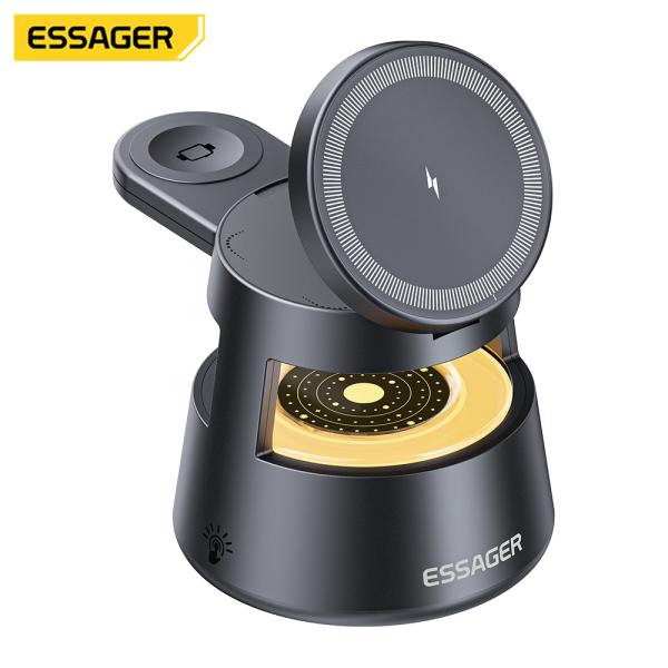 ESSAGER OJD-132 Foldable 4 In 1 15W Magnetic Wireless Charger Stand Station With Led Light For Watch Earphone Phone
