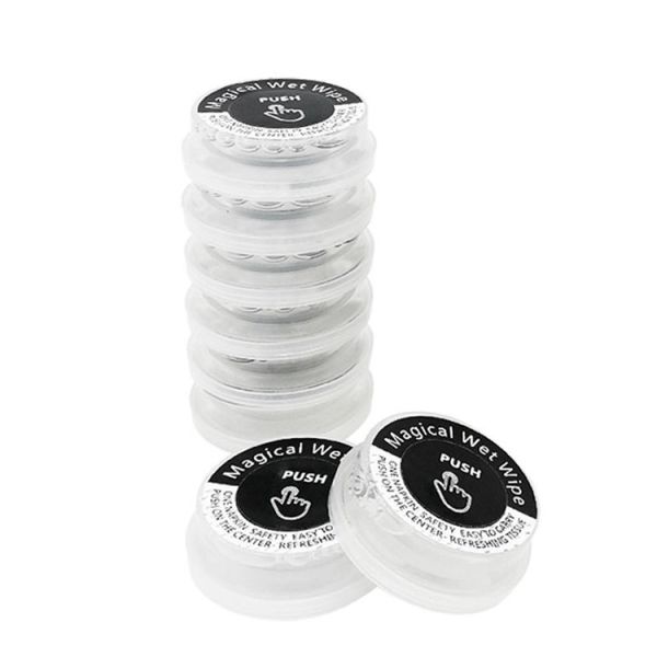 Environmentally Friendly OEM Portable Push Non-woven Biodegradable Towel Magical Tissue Coin Cleaning Wet Wipes