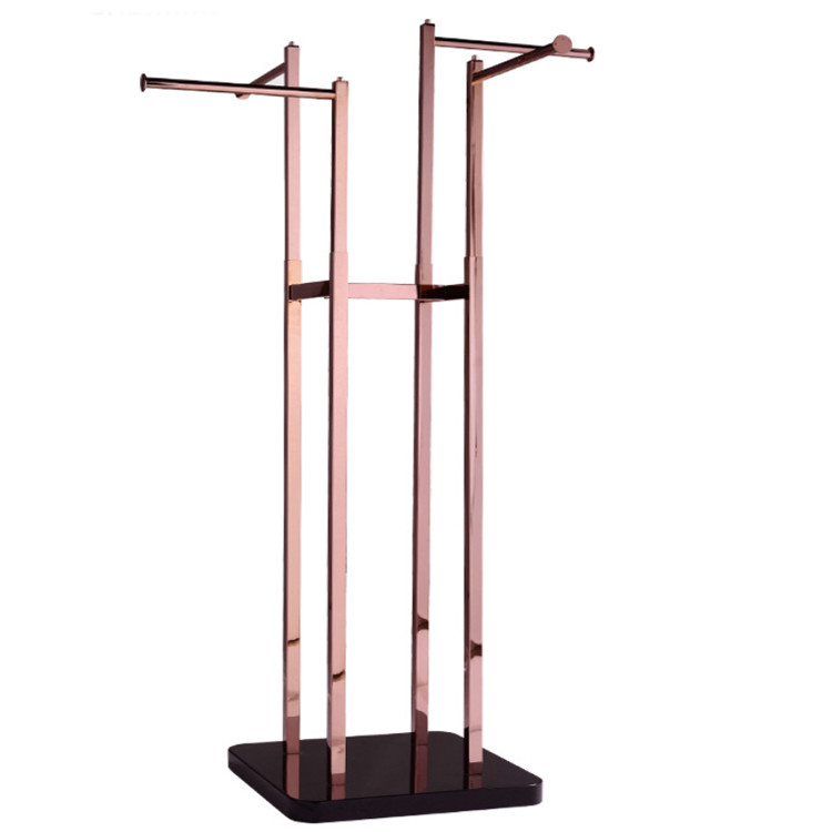 Golden Finish 4 Way Clothing Rack for Customized Size Retail Clothing Display Stand