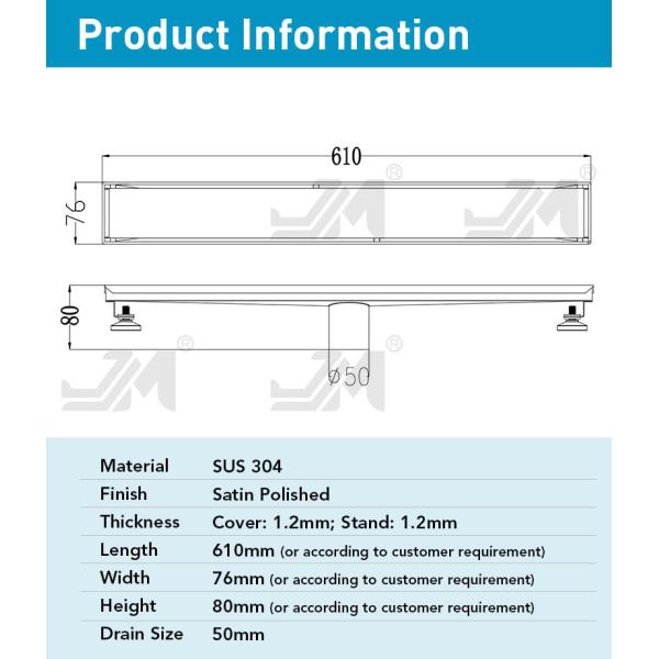 Brushed Silver Stainless Steel Shower Channel Drain With Tile Insert Grate