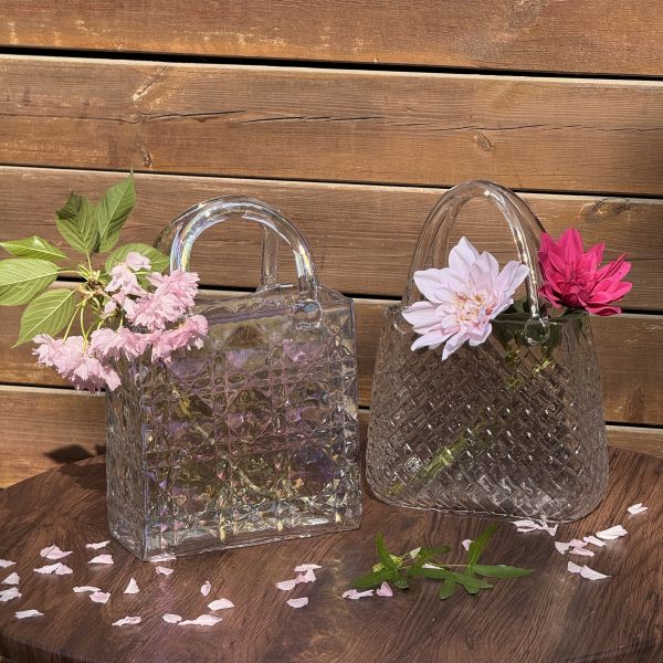 Hand-Blown Diamond Pattern Glass Handbag Vase - Versatile Decorative Centerpiece for Home & Wedding Decor