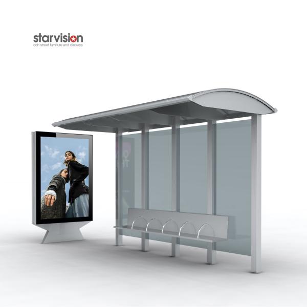 Aluminum Curved Roof 250W Solar Powered Bus Waiting Shed With Advertising Mupi