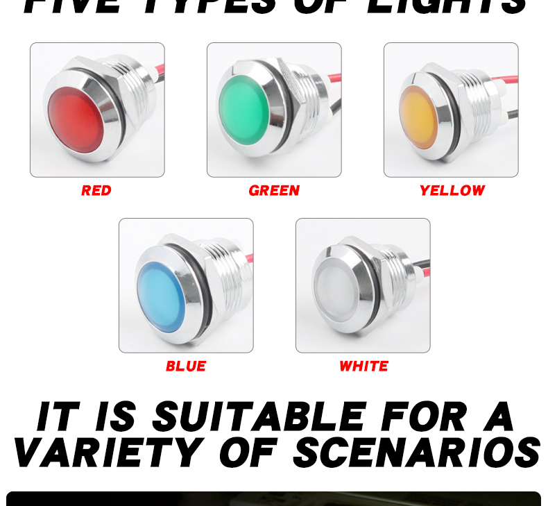 IP66 12mm Metal Power LED Indicator Light 150mm Industrial Control Red Green Yellow Blue White 6V 24V 220V 50000 Hours Lifespan