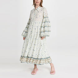                  Ladies Viscose Tiered Maxi Floral Print Long Balloon Sleeve Collared Neck Shirt Dress for Women             