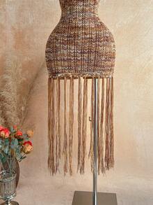 Bohemian Summer Dress with Handmade Braided Rope Trim in Flattering Tropical Orange Tone and Premium Light Sweater Knit