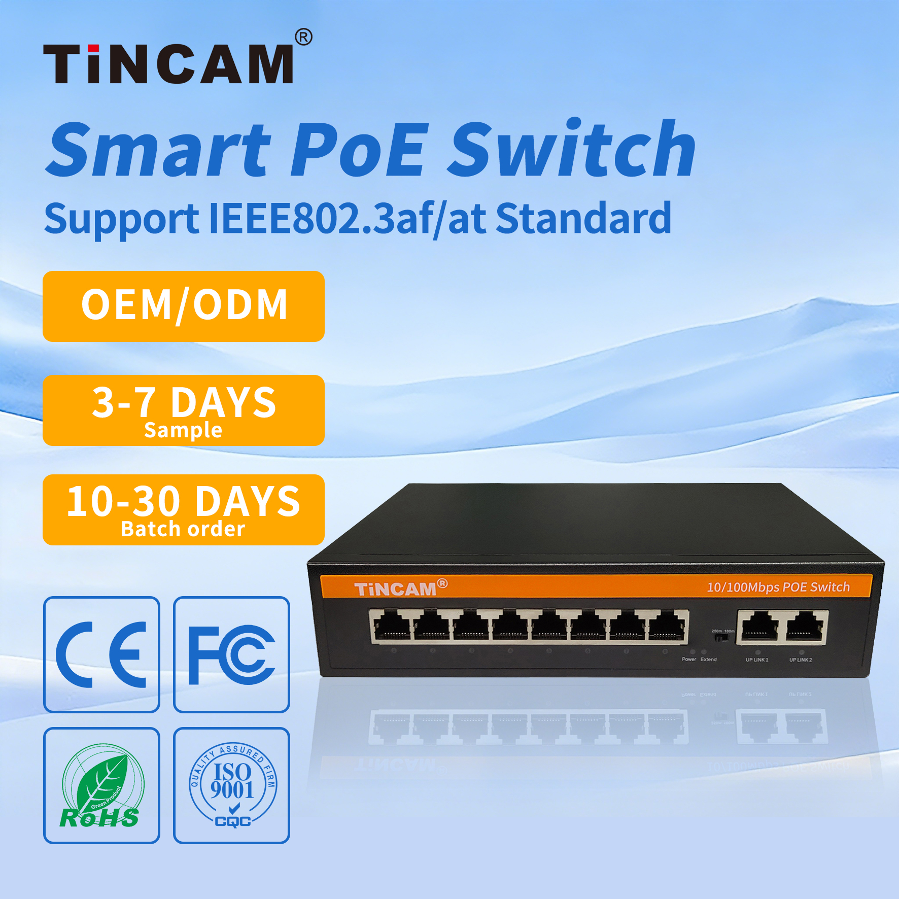 8-Port 10/100Mbps PoE Switch with 2 Uplink Ports 250m Extend VLAN IEEE 802.3af/at 96W Built-in Power Supply Unmanaged Metal Network Switch TNC-EPS4310N9
