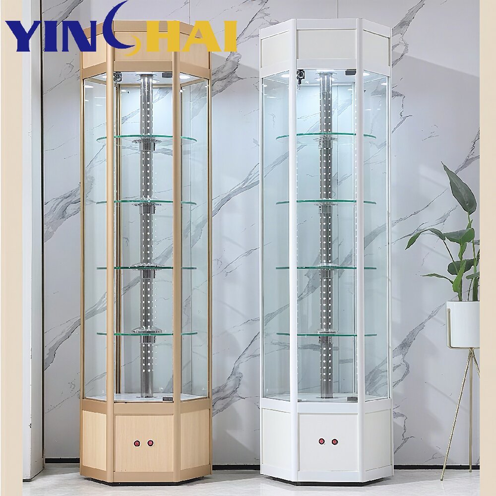 Custom Stainless Steel Rotating Corner Glass Wine Cabinet With LED Lighting