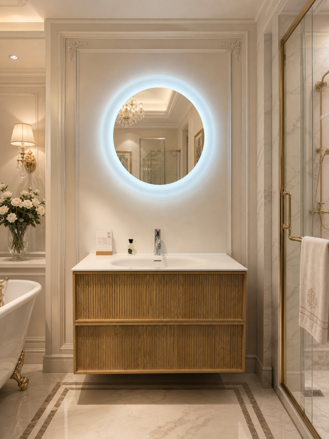 Waterproof Countertop Floating Bathroom Vanity Units Fluted Wood Cabinet